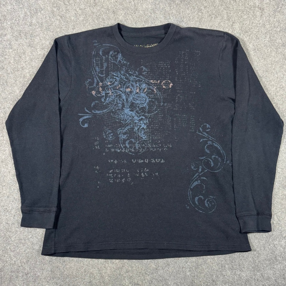 Michael Brandon Shirt Mens XL Black Thermal Long Sleeve Graphic Y2K Waffle Knit